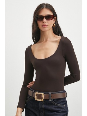 Never More U Yaka Uzun Kollu Çıtçıtlı Bodysuit Kahve