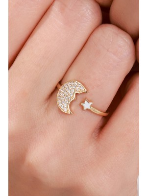 Oroline Kuyumculuk 8 Ayar Ay Yıldız Desenli Minimal Altın Kadın Yüzük