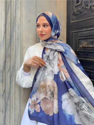 Moda Nuda Mira Ipek Gül Desen Pamuk Şal Lacivert