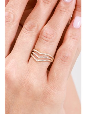 Oroline Kuyumculuk 14 Ayar Paralel Taşlı Altın Şık Taşlı Kadın Yüzük