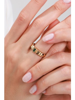 Oroline Kuyumculuk 8 Ayar Yeşil Taşlı Vugulu Kadın Altın Yüzük