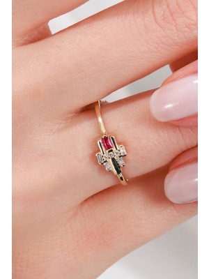 Oroline Kuyumculuk 8 Ayar Kırmızı Baget Taşlı Modern Stil Kadın Altın Yüzük