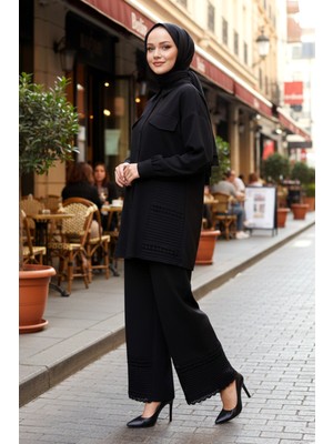 Lale Butik Gupür Detay Tunik Pantolon Takım 19478 Siyah