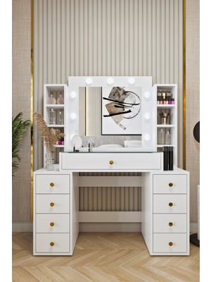 Ases Mobilya ELA660 Hollywood Işıklı Makyaj Masası Bol Çekmeceli Özel Bölmeli ve Extra Raflı Beyaz