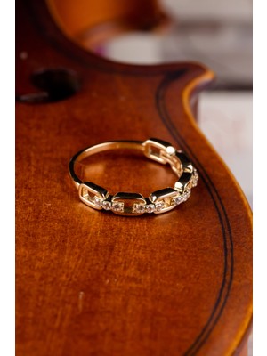 Oroline Kuyumculuk 8 Ayar Zincir Desenli Taşlı Kadın Minimal Altın Yüzük