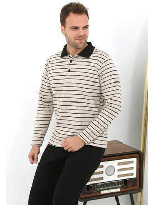 Moda Çizgi Erkek Polo Yaka Uzun Kol Penye Pijama Takımı 6862 Krem