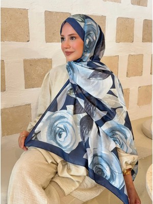 Moda Nuda Mira Ipek Desenli Pamuk Soft Şal Ilham Serisi Lacivert-Açık Mavi