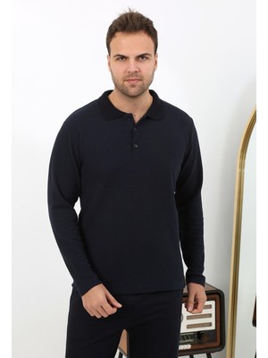 Moda Çizgi Erkek Polo Yaka Uzun Kol Penye Pijama Takımı 6862 Lacivert