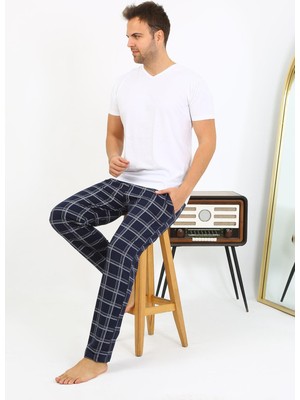 Moda Çizgi Erkek Ekoseli Desen Penye Tek Alt Pijama 27540 Lacivert