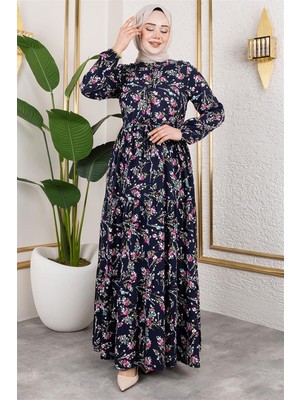 Lizay Asel Çiçekli Viskon Elbise Lacivert - Lacivert - 46