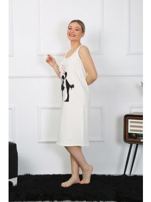 Moda Çizgi Kadın Kalın Askılı Penye Uzun Ekru Gecelik 12001