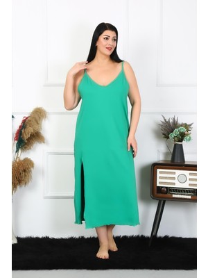 Moda Çizgi Kadın Büyük Beden Ip Askılı Pamuklu Yeşil Uzun Gecelik 12100