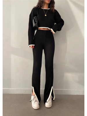 Newco Siyah Oversize Yırtmaç Detaylı Bisiklet Yaka Triko Alt-Üst Takım