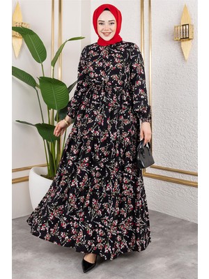 Lizay Asel Çiçekli Viskon Elbise Siyah - Siyah - 42
