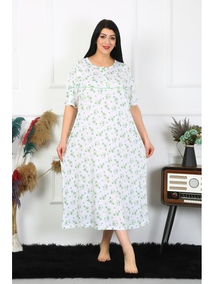 Moda Çizgi Kadın Büyük Beden Kısa Kol Beyaz Anne Gecelik 1372