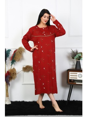 Moda Çizgi Kadın Büyük Beden Uzun Kol Bordo Anne Gecelik 1364