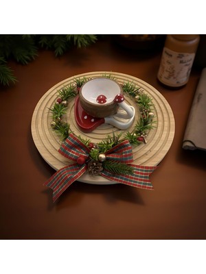 Florivya Design Çelenk Detaylı Ahşap Kahve Sunumluğu-Sunumtepsisi