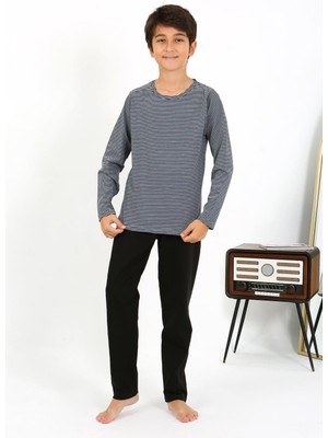 Moda Çizgi Erkek Çocuk Uzun Kol Penye Pijama Takım 20438 Gri