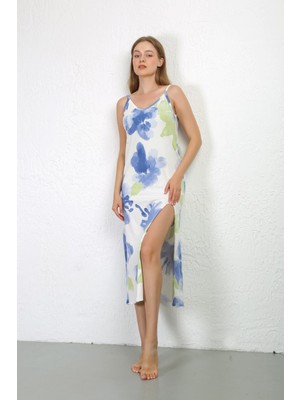 Moda Çizgi Ip Askılı Uzun Yırtmaçlı Penye Gecelik 90128