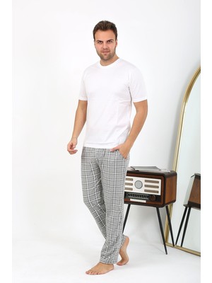 Moda Çizgi Erkek Ekoseli Desen Penye Tek Alt Pijama 27540 Gri