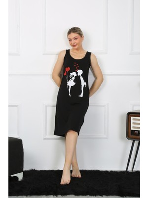 Moda Çizgi Kadın Kalın Askılı Penye Uzun Siyah Gecelik 12001