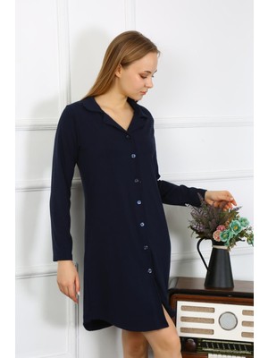 Moda Çizgi Kadın Penye Uzun Kol Düğmeli Lacivert Tunik Gecelik 13103