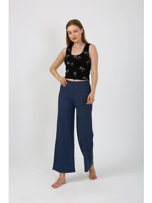 Moda Çizgi Kadın Kalın Askılı Body Bol Paça Pantolon 2`li Takım Siyah 4221