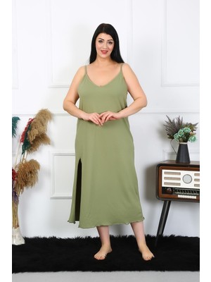 Moda Çizgi Kadın Büyük Beden Ip Askılı Pamuklu Haki Uzun Gecelik 12100