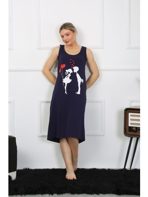 Moda Çizgi Kadın Kalın Askılı Penye Uzun Lacivert Gecelik 12001