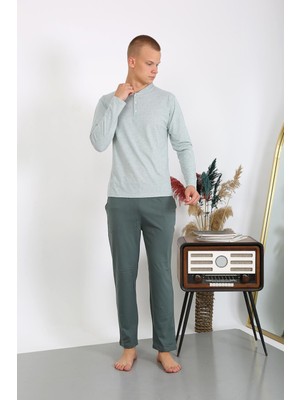 Moda Çizgi Erkek Penye Uzun Kol Pijama Takımı 6860 Su Yeşili