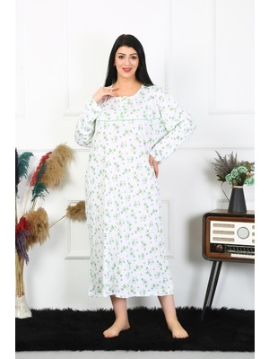 Moda Çizgi Kadın Büyük Beden Uzun Kol Beyaz Anne Gecelik 1363