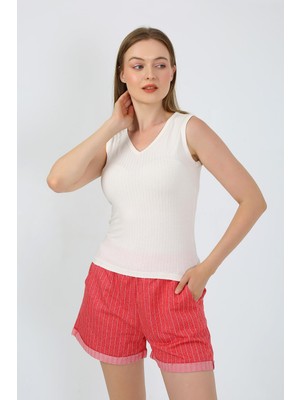 Moda Çizgi Kadın Kalın Askılı Şortlu Pijama Takım Ekru 3632