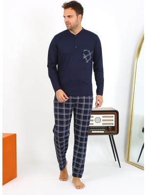 Moda Çizgi Erkek Uzun Kol Penye Lacivert Pijama Takımı 6861
