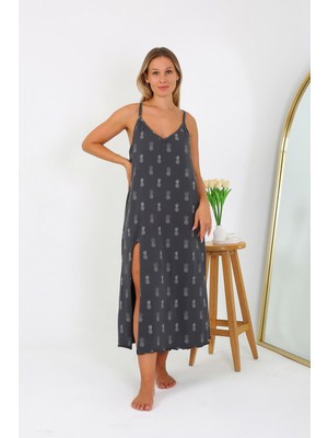 Moda Çizgi Kadın Büyük Beden Ip Askılı Uzun Gecelik 12112