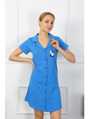 Moda Çizgi Kadın Pamuk Penye Kısa Kol Düğmeli Mavi Tunik Gecelik 13109