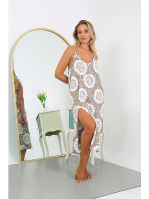 Moda Çizgi Kadın Büyük Beden Ip Askılı Pamuklu Uzun Gecelik 12104 Vizon