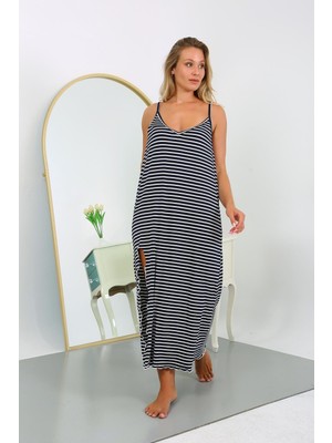 Moda Çizgi Kadın Büyük Beden Ip Askılı Pamuklu Uzun Gecelik 12107