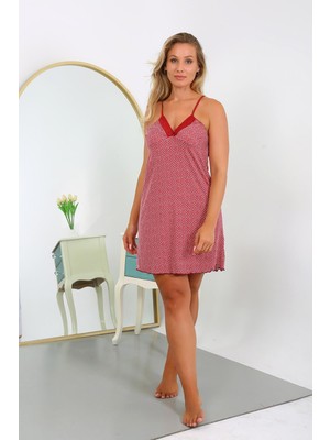Moda Çizgi Kadın Pamuk Büyük Beden Ip Askılı Desenli Gecelik 999 Bordo