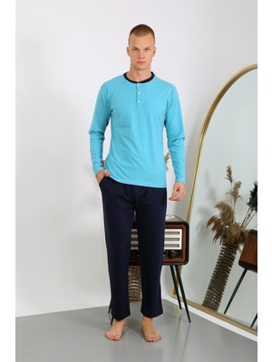 Moda Çizgi Erkek Penye Uzun Kol Pijama Takımı 6860 Turkuaz