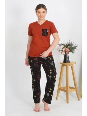 Moda Çizgi Kadın Kısa Kol Pamuk Penye Pijama Takım Kremit 4214