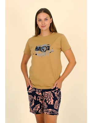Moda Çizgi Kadın Şortlu Kısa Kol Penye Pijama Takımı Hardal 3622