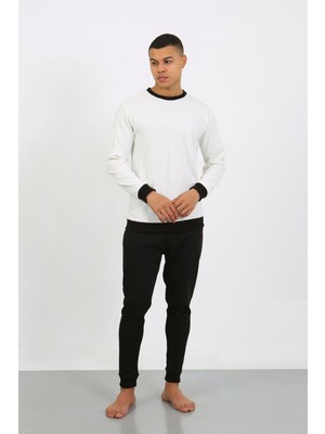 Moda Çizgi Erkek Uzun Kol Manşetli Paça Penye Pijama Takımı 6870 Beyaz