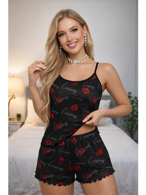 Burcumay Öpücük Desenli Kolsuz Mini Siyah Şortlu Askılı Yazlık Pijama Takımı