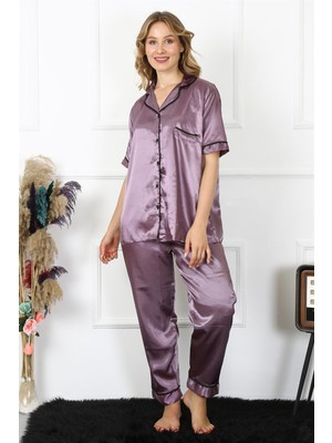 Moda Çizgi Kadın Büyük Beden Mor Saten Pijama Takımı 10303