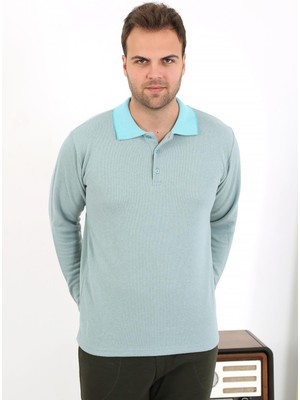 Moda Çizgi Erkek Polo Yaka Uzun Kol Penye Pijama Takımı 6862 Su Yeşili