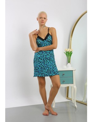 Moda Çizgi Kadın Penye Su Yeşili Leopar Desenli Ip Askılı Gecelik 36712