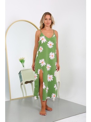 Moda Çizgi Kadın Büyük Beden Ip Askılı Pamuklu Uzun Gecelik 12104 Yeşil