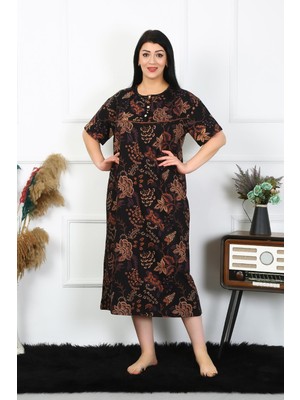 Moda Çizgi Kadın Büyük Beden Kısa Kol Siyah Anne Gecelik 1375