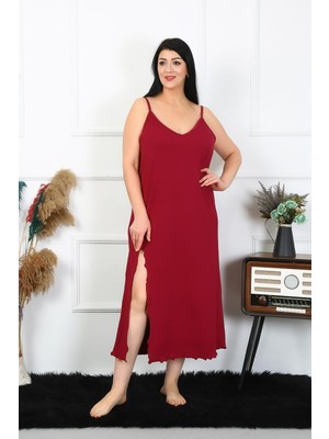 Moda Çizgi Kadın Büyük Beden Ip Askılı Pamuklu Bordo Uzun Gecelik 12100