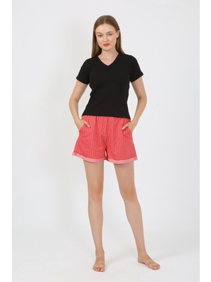 Moda Çizgi Kadın Kısa Kol Penye Şortlu Pijama Takım Siyah 3633